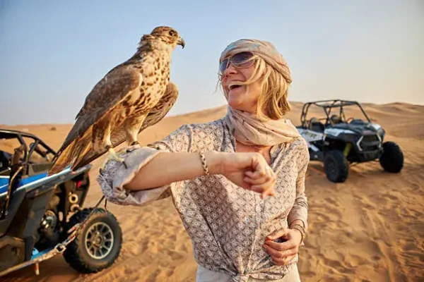 Woman enjoying falconry experience on Dubai desert safari with off-road dune buggies parked on sandy dunes in