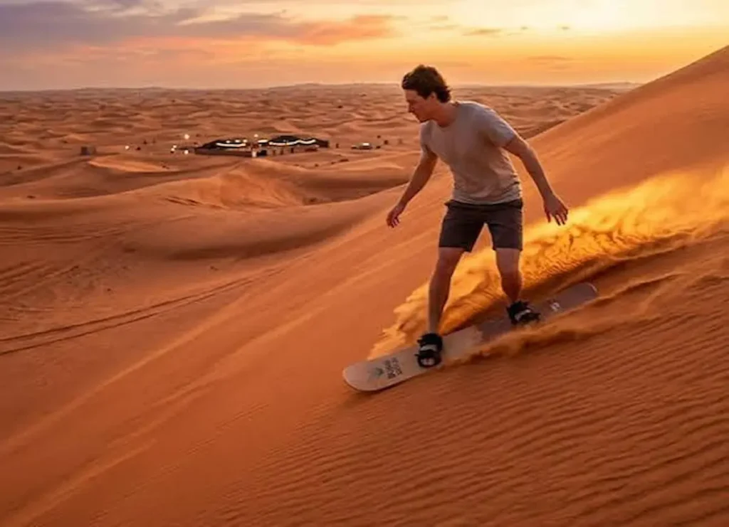 Person sandboarding down a sand dune during a free activity included in Dubai desert safari