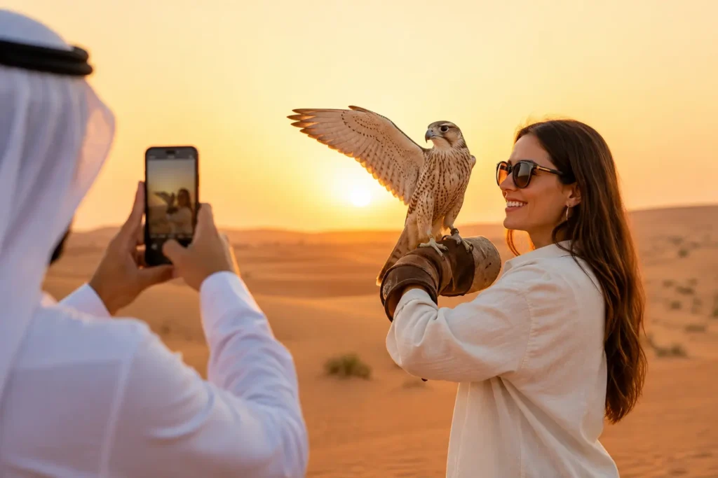 Falconry photo experience in Dubai desert with a trained falcon