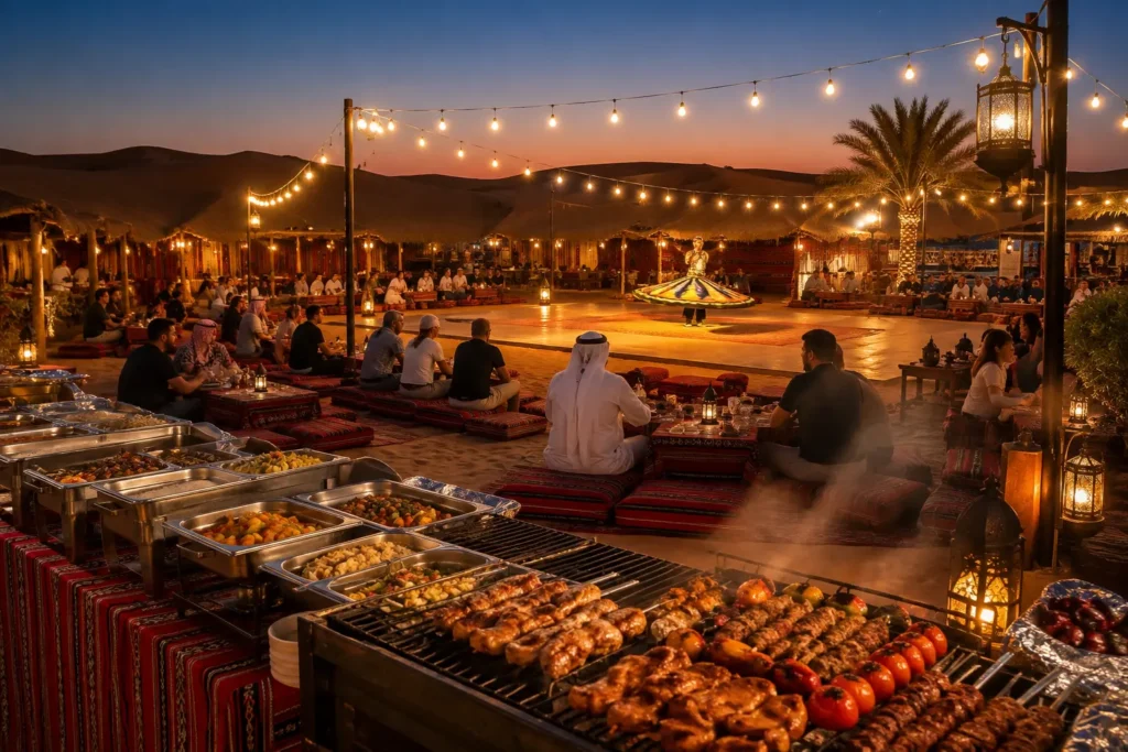 Traditional BBQ dinner served at a Bedouin-style desert camp in Lahbab Desert Dubai.
