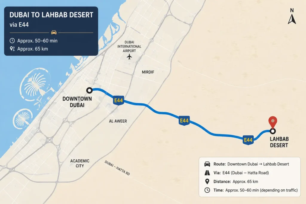 Map showing the driving route from Downtown Dubai to Lahbab Desert via the E44 Dubai–Hatta Road.