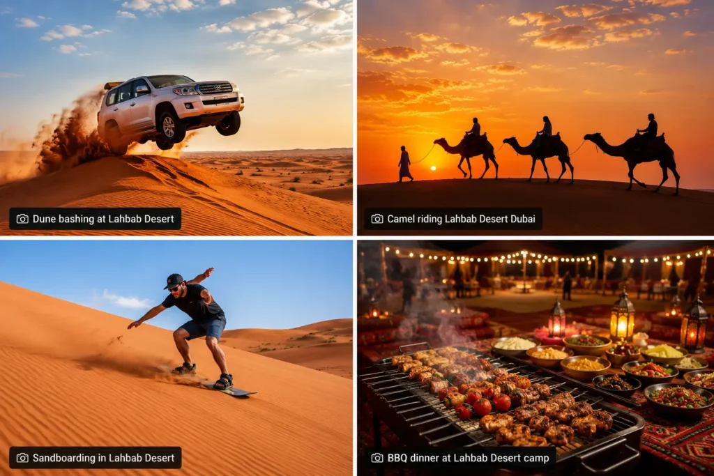 A 4x4 vehicle dune bashing across the red sand dunes of Lahbab Desert in Dubai during a guided desert safari.