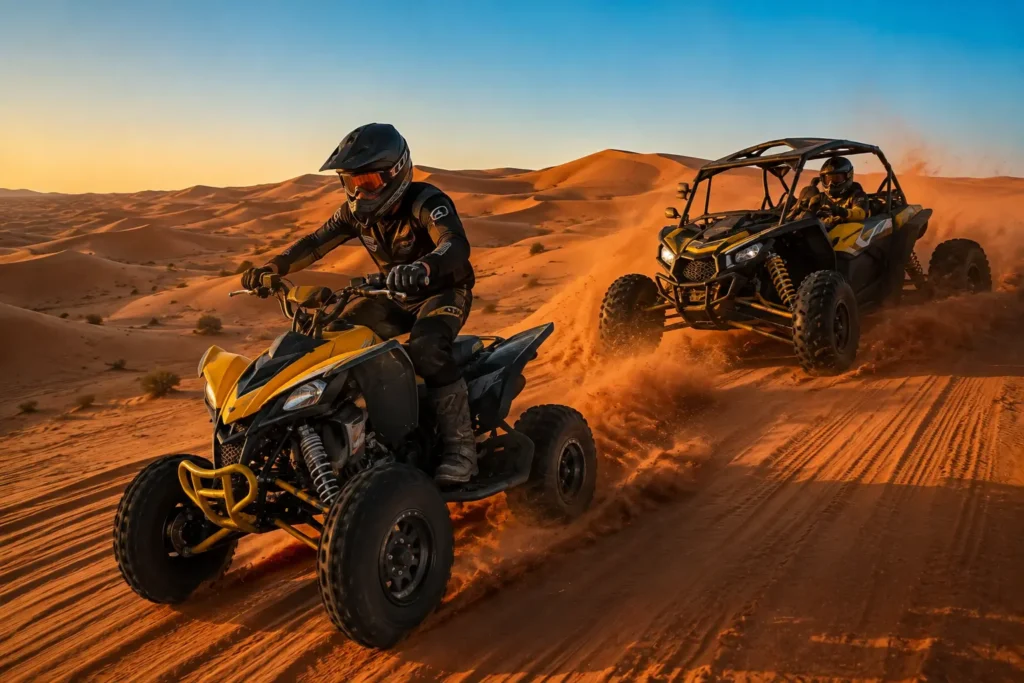 A rider drives a quad bike across the red sand dunes of Lahbab Desert Dubai during a guided desert adventure.