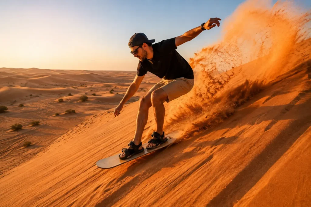 A visitor enjoys sandboarding down the red dunes of Lahbab Desert Dubai during a desert adventure.