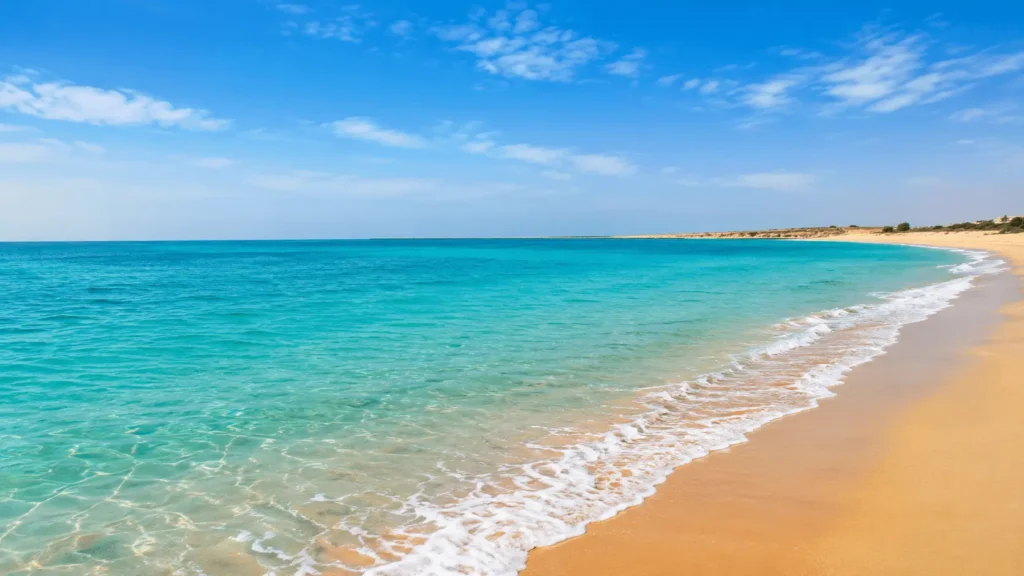 Turquoise sea water, golden sandy shoreline and clear blue sky in a Hameem Beach Abu Dhabi-inspired coastal landscape.