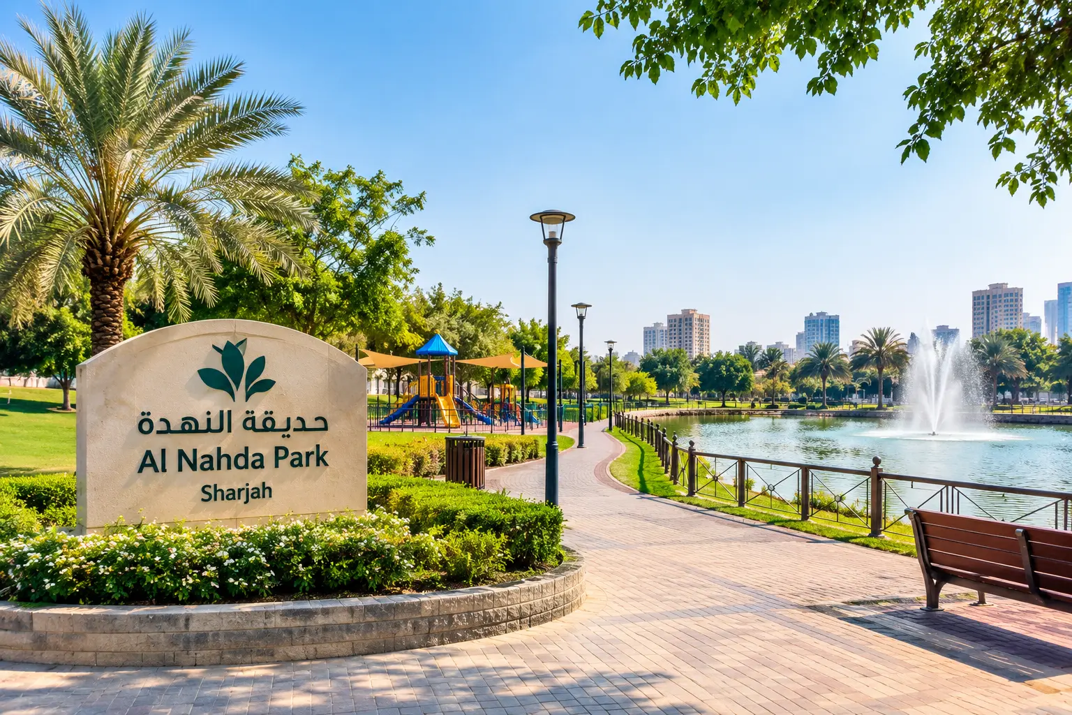 Green gardens and landscaped areas at Al Nahda Park Dubai