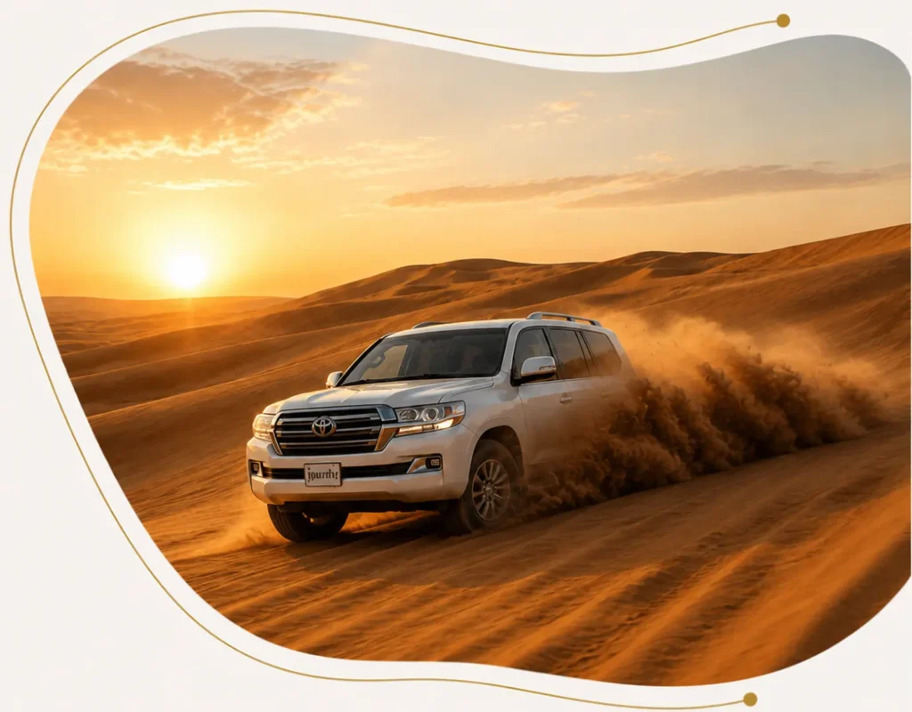 Desert Safari Dubai landscape with golden sand dunes, palm trees, and a distant skyline.