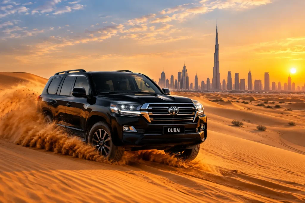 Desert safari pickup vehicle near Burj Khalifa in Downtown Dubai