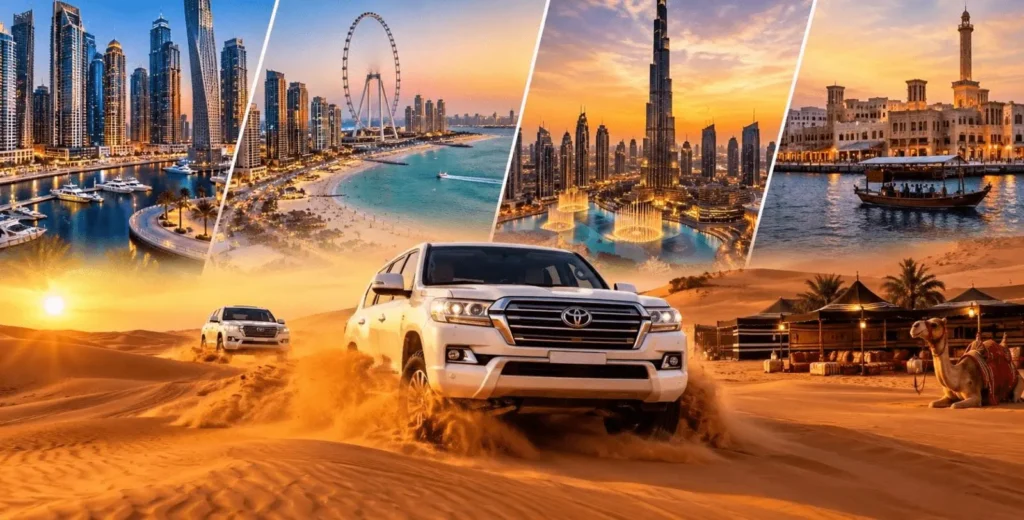 Dubai desert safari pickup with luxury 4x4 vehicle near golden sand dunes