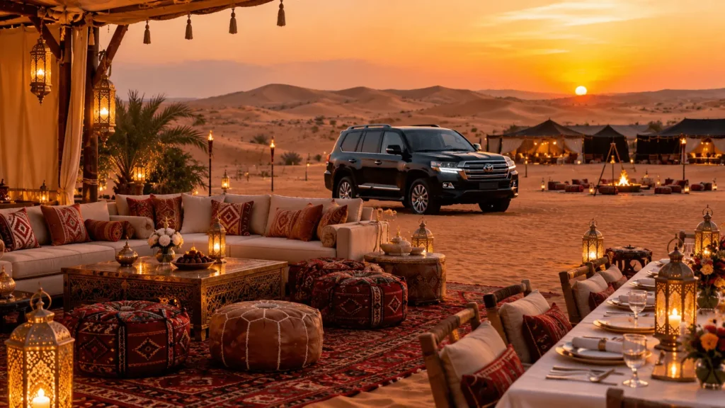 Black 4x4 SUV on golden Dubai sand dunes during a colorful evening desert sunset